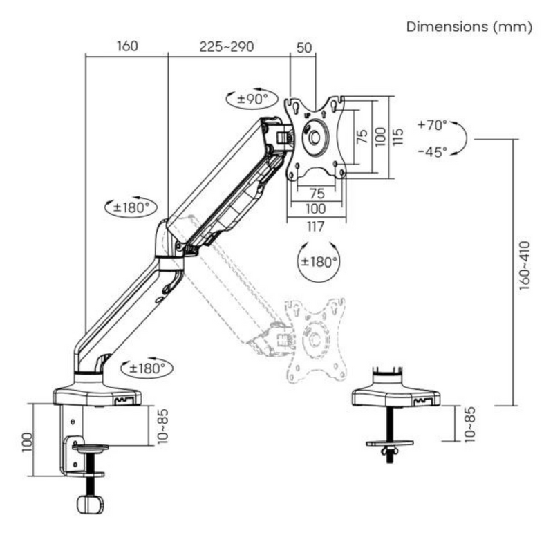 【Brateck 螢幕支架專家 全系列限定優惠】Brateck LDT61-C012L (17"-49") 2-20kg VESA 75/100 氣動彈簧式顯示器支架