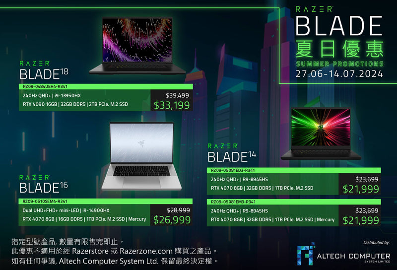 【RAZER BLADE 夏日優惠】Razer Blade 14 Gaming Laptop Black 黑色 (14" 240Hz QHD+ / R9-8945HS / 32GB DDR5 / RTX 4070 8GB / 1TB SSD / Win 11 Home) RZ09-05081ED3-R341