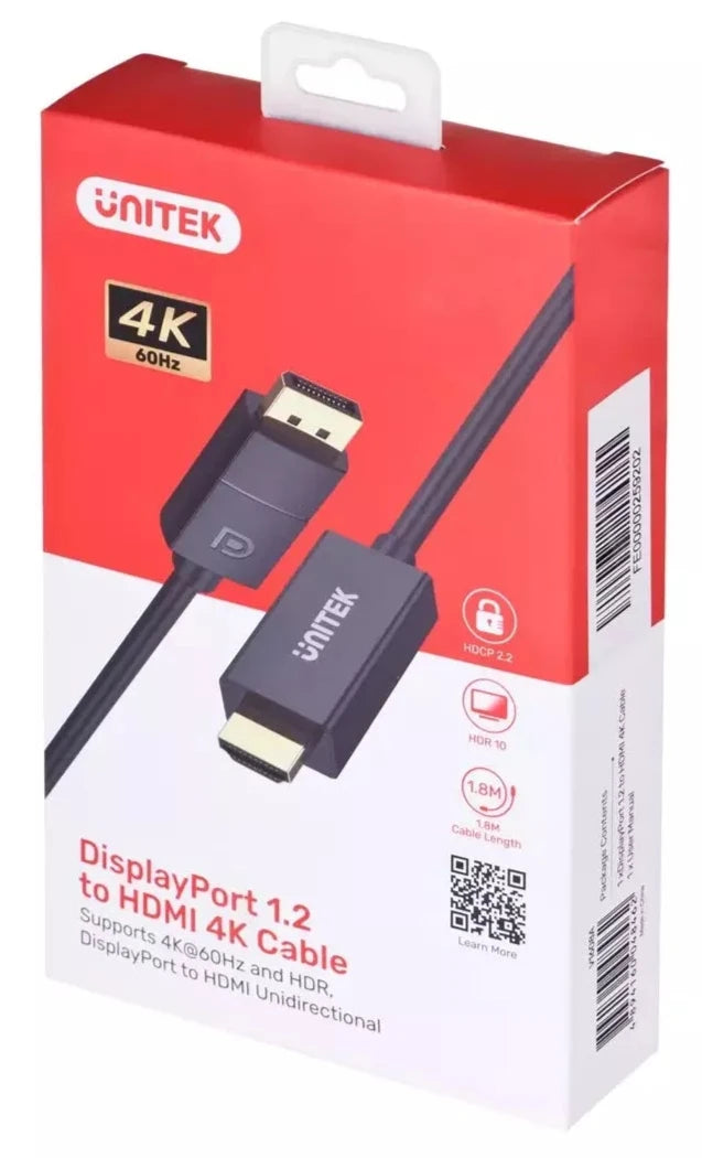 UNITEK V1608A 1.8M DisplayPort 轉 HDMI 轉接線 | 4K60Hz DP1.2 HDMI2.0 Ultra HD | HDCP2.2 可解密傳輸 Netflix DisneyPlus OOT 視頻 (785-2838)