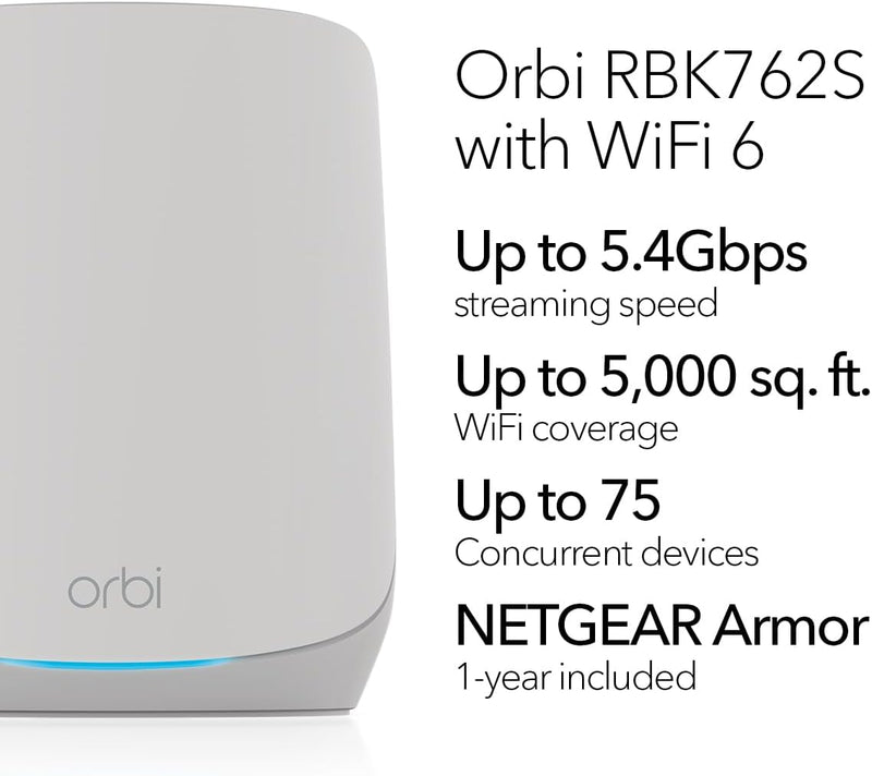 【驚喜優惠】NETGEAR Orbi RBK762S AX5400 WiFi 6 Whole Home Tri-Band Mesh 6 System (2件裝)