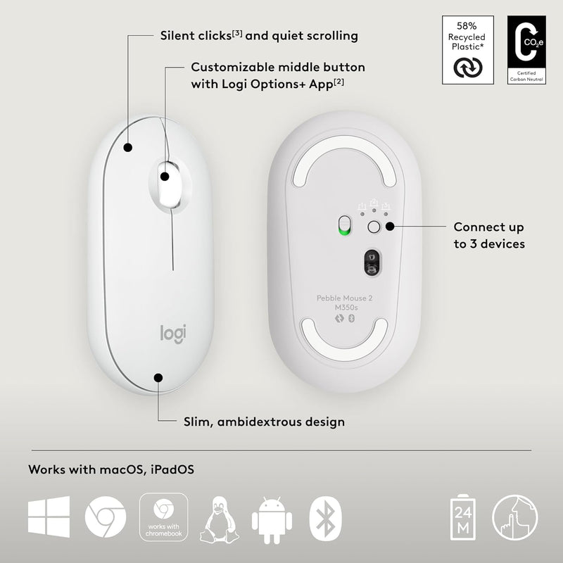 Logitech Pebble Mouse 2 M350s Slim Bluetooth Wireless Mouse 纖薄靜音無線藍牙滑鼠 - Pearl White 珍珠白色 910-006986 原裝行貨