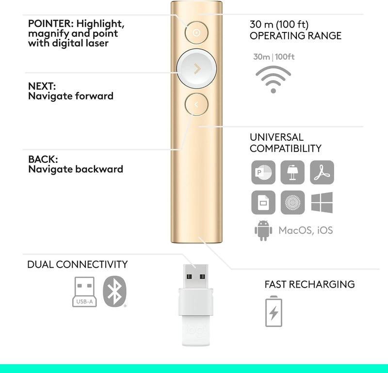 Logitech Spotlight Presentation Remote 先進無線簡報遙控器 - Gold 金色 910-004864 原裝行貨