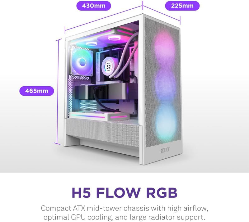 【NZXT特別優惠, 優惠期至2024年11月30 日】NZXT H5 FLOW RGB (2024) Compact White 白色 Tempered Glass ATX Airflow Case CC-H52FW-R1