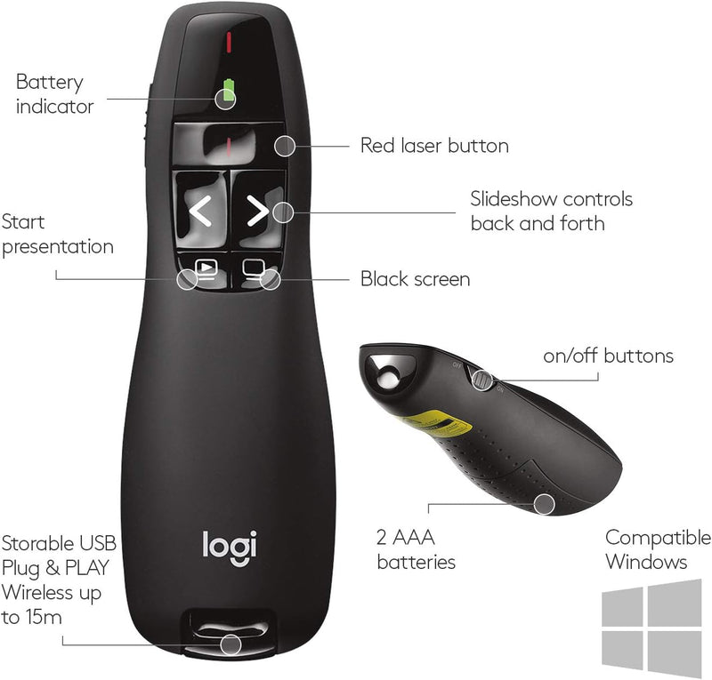 Logitech R400 Presenter laser pen presentation remote control 910-001363 original licensed product 