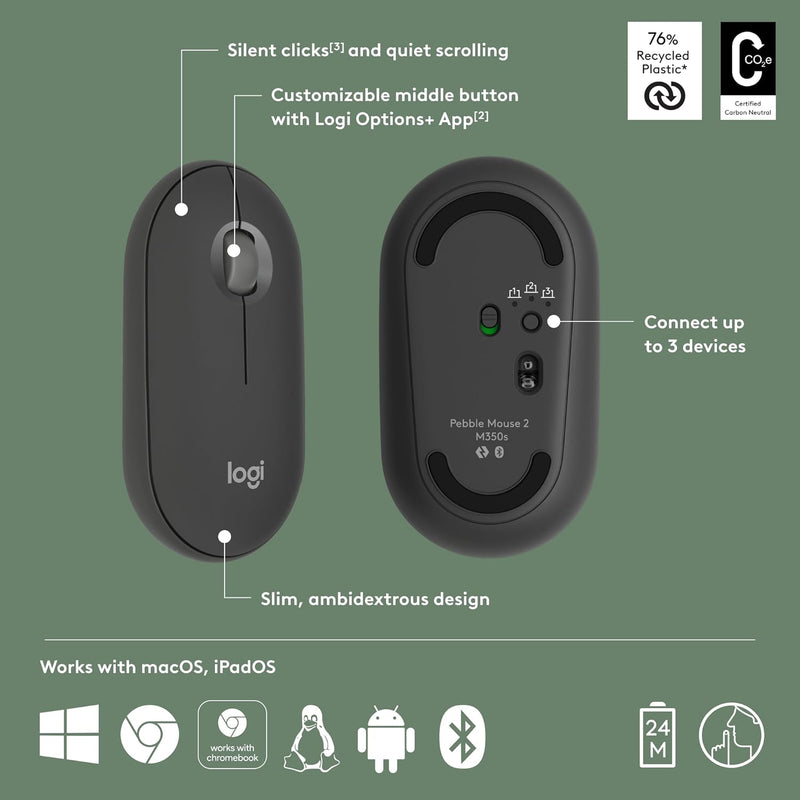 Logitech Pebble Mouse 2 M350s Slim Bluetooth Wireless Mouse 纖薄靜音無線藍牙滑鼠 - Graphite 石墨灰色 910-006988 原裝行貨