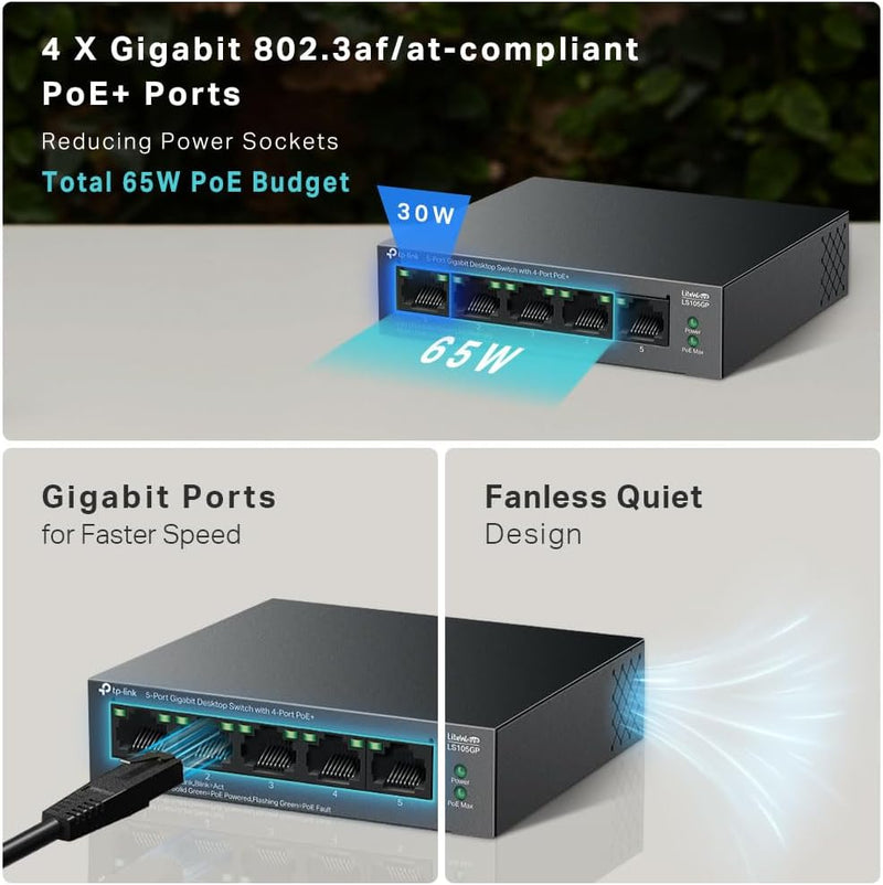 TP-Link LS105GP 5-Port Gigabit Desktop Switch with  4-Port PoE+ (TP-NE-LS105GP)