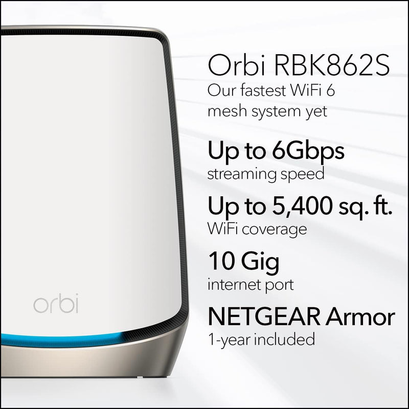 【驚喜優惠】NETGEAR Orbi RBK862S AX6000 WiFi Whole Home Tri-Band Mesh 6 System (2件裝)