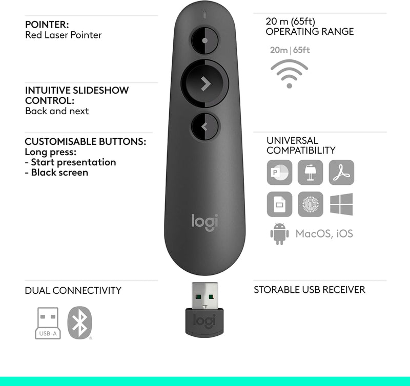 Logitech R500s Presenter Laser Presentation Remote Control - Mid Gray 910-006522 Original licensed product