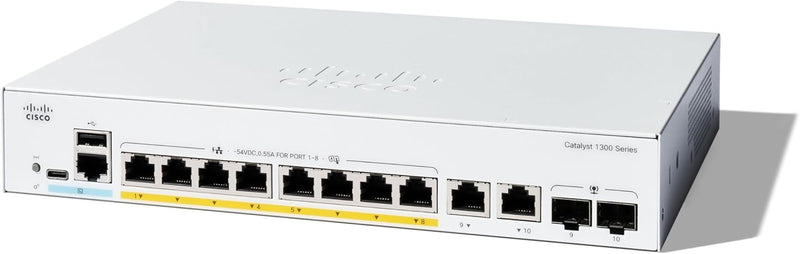 [最新產品] Cisco Catalyst 1300 8-Port Gigabit Ethernet (67W PE+) + 2-Port Combo Advanced Security Managed Switch (C1300-8P-E-2G-UK/NE-138PE2G)