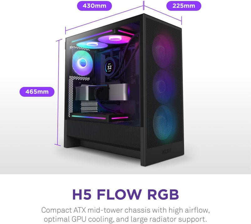 【NZXT特別優惠, 優惠期至2024年11月30 日】NZXT H5 FLOW RGB (2024) Compact Black 黑色 Tempered Glass ATX Airflow Case CC-H52FB-R1