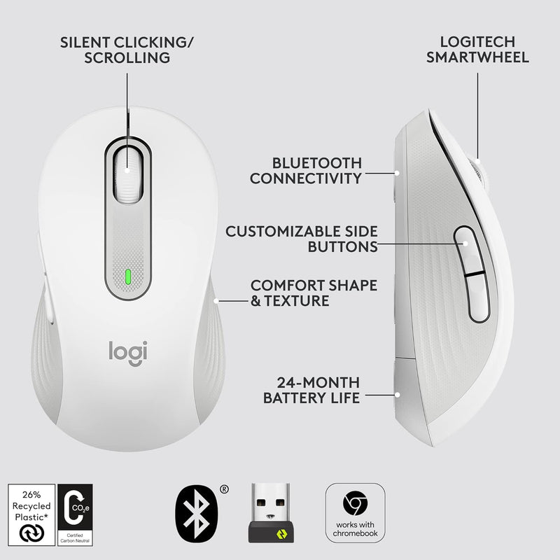 Logitech Signature M650 Silent Wireless Mouse 靜音無線滑鼠 - Pearl White 珍珠白色 910-006261 原裝行貨