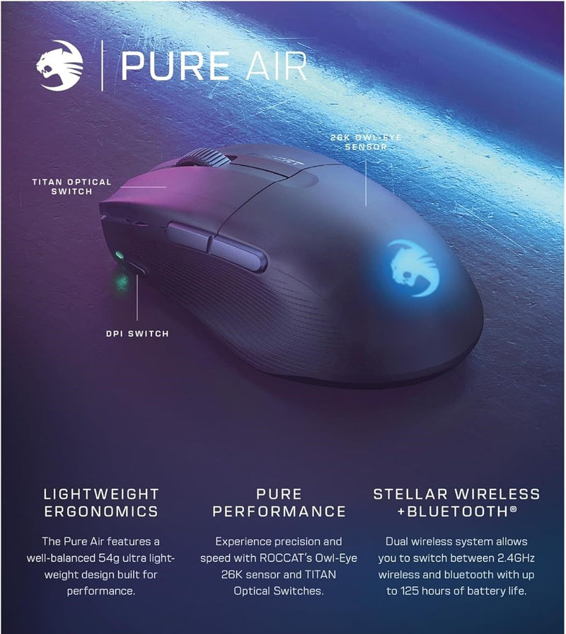 【ROCCAT 9月份夏日優惠】ROCCAT PURE AIR 54g 超輕盈無線人體工學 RGB 電競滑鼠 - Black 黑色 (ME-RPAIRBK)