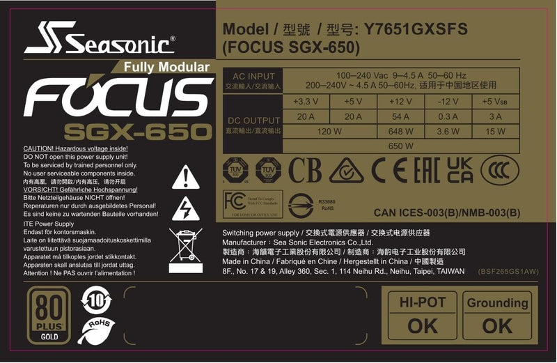 Seasonic 650W Focus SGX-650 SFX 80Plus Gold Full Modular Power Supply