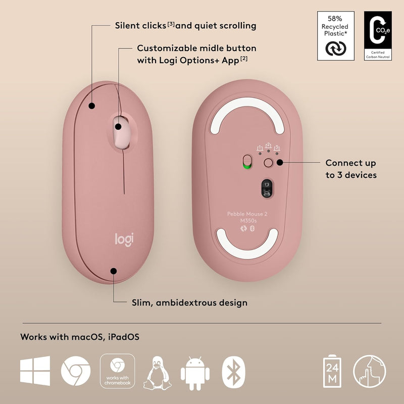 Logitech Pebble Mouse 2 M350s Slim Bluetooth Wireless Mouse 纖薄靜音無線藍牙滑鼠 - Rose Pink 玫瑰粉色 910-006987 原裝行貨