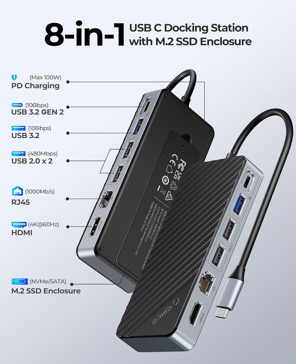 ORICO 8-in-1 Multifunctional Docking Station With M.2 NVMe/NGFF SSD Enclosure OM28PR