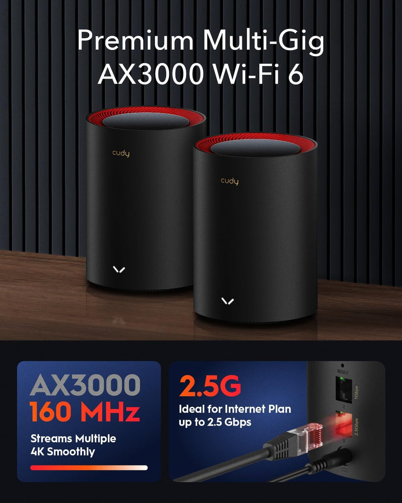 Cudy M3000-2P AX3000 2.5G Dual Band Wi-Fi 6 Mesh System - Black 黑色 (2件裝)