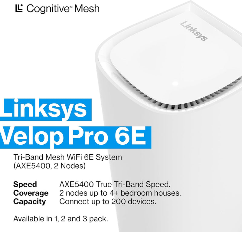 Linksys Velop Pro 6E Tri-Band Mesh WiFi 6E Router (2件裝) MX6202-AH