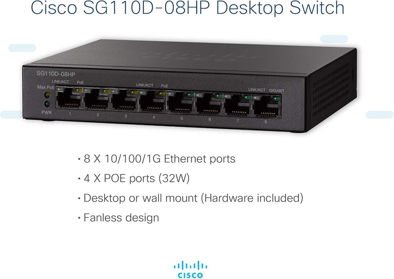 Cisco SG110D-08HP-UK 8-Port PoE Gigabit Desktop Switch (w/ 4x PoE+ Ports 33W)