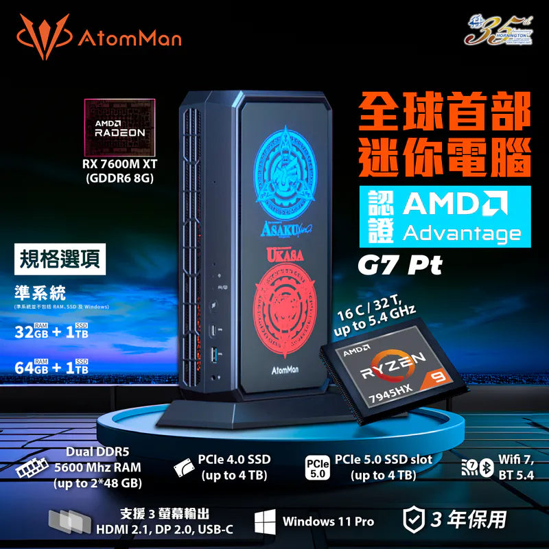 Minisforum CS-AG7PTC AtomMan G7 Pt Mini PC (AMD Ryzen 9 7945HX / 64GB DDR5 Ram / 2TB SSD / Radeon™ RX 7600M XT 8GB / Windows 11 Pro) 