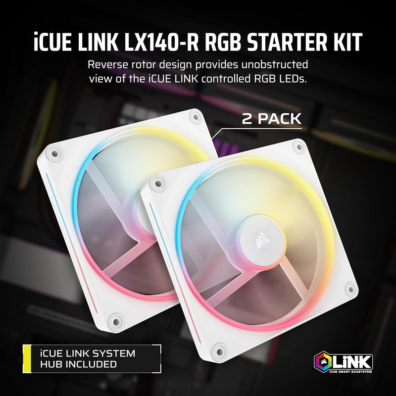 Corsair iCUE LINK LX140-R RGB Starter Kit White 140mm PWM Reverse PC Case Fan Dual Pack (2件裝) (CO-9051056-WW)