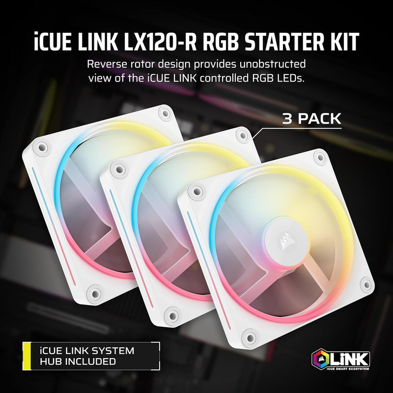 Corsair iCUE LINK LX120-R RGB Starter Kit White 120mm PWM Reverse PC Case Triple Pack (3件裝) (CO-9051054-WW)