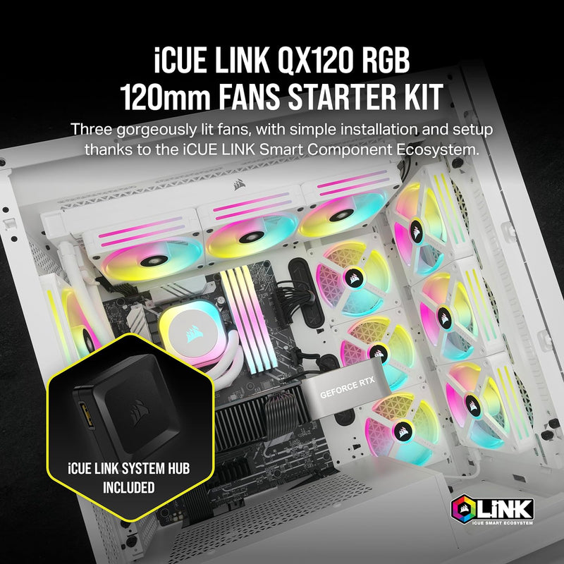 Corsair iCUE LINK QX120 RGB White 120mm PWM PC Case Fan Starter Kit with iCUE LINK System Hub (CO-9051006-WW)