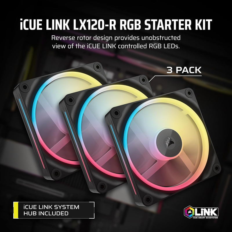 Corsair iCUE LINK LX120-R RGB Starter Kit Black 120mm PWM Reverse PC Case Triple Pack (3-pack) (CO-9051050-WW) 