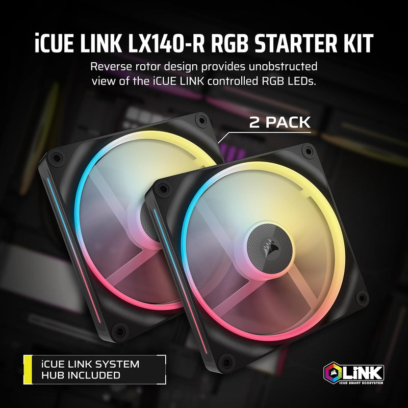 Corsair iCUE LINK LX140-R RGB Starter Kit Black 140mm PWM Reverse PC Case Fan Dual Pack (2-pack) (CO-9051052-WW) 