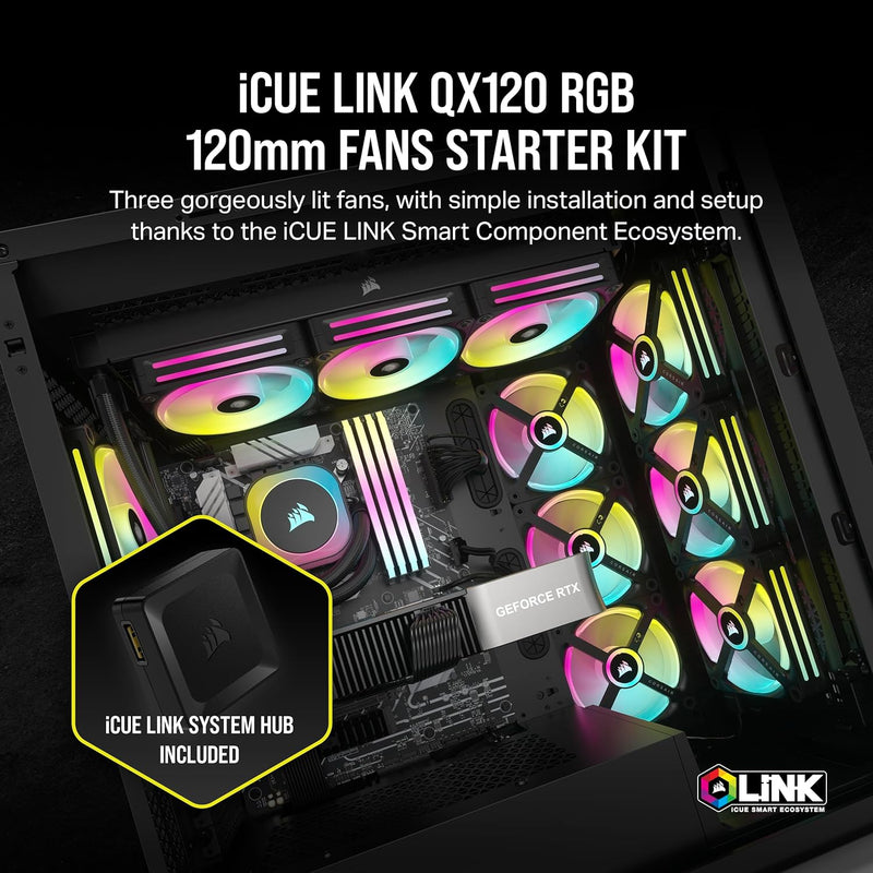 Corsair iCUE LINK QX120 RGB Black 120mm PWM PC Case Fan Starter Kit with iCUE LINK System Hub (CO-9051002-WW)