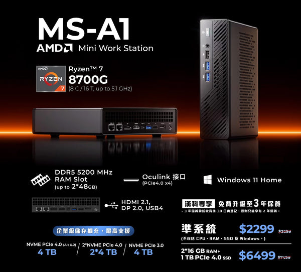 Minisforum CS-MFMSA1 MS-A1 Mini Workstation (AMD Ryzen™ 7 8700G / 32GB DDR5 Ram / 1TB SSD / Windows 11 Home)