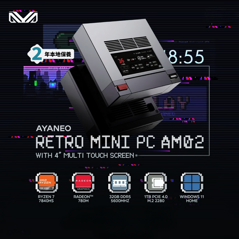 AYANEO Retro Mini PC AM02 mini computer (AMD Ryzen 7 7840HS / DDR5 5600Mhz 32GB / 1TB M.2 SSD / Windows 11 Home) 