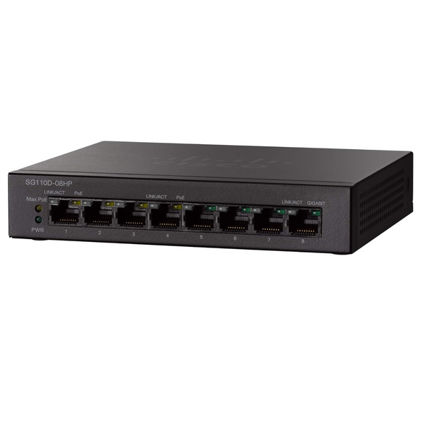 Cisco SG110D-08HP-UK 8-Port PoE Gigabit Desktop Switch (w/ 4x PoE+ Ports 33W)