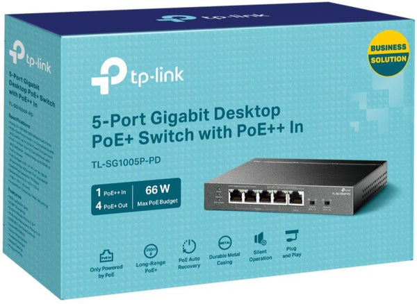 TP-Link TL-SG1005P-PD 5-Port Gigabit Desktop Switch with 1-Port PoE++ In and 4-Port PoE+ Out (TP-NE-SG1005PPD)