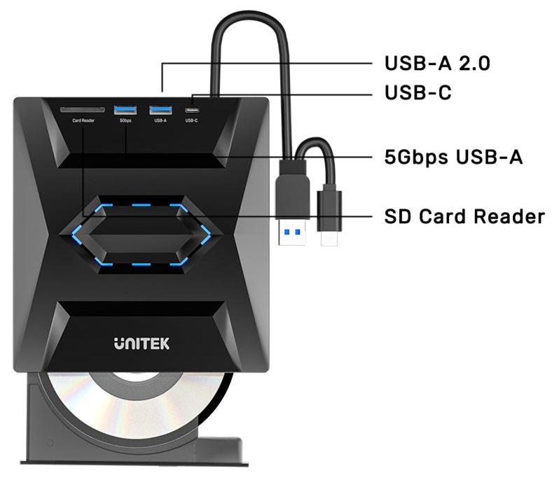 [最新產品] Unitek 5-in-1 External Optical Drive 24x/8x with Hub Function (T1037A)