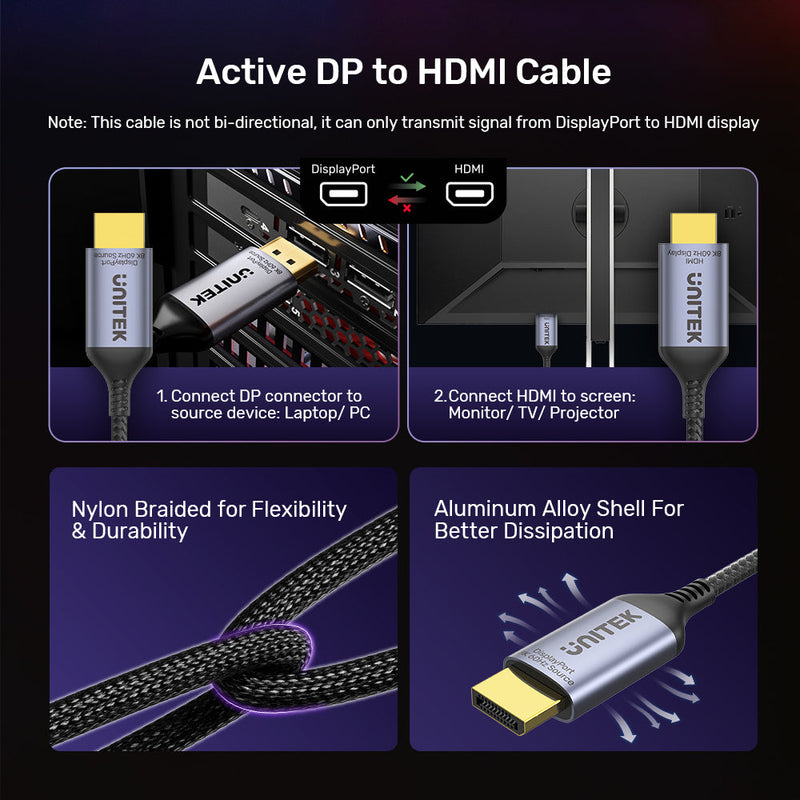 Unitek V1610A DisplayPort 1.4 轉 HDMI 8K 影音線 (785-3049)