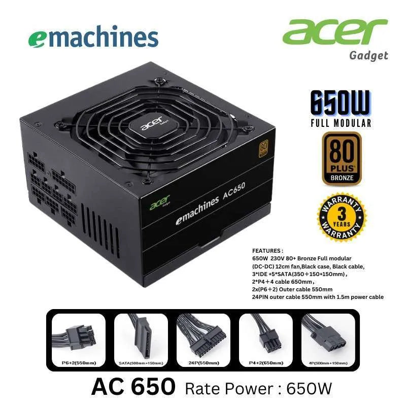 Acer AC650 650W 80Plus Bronze Fully Modular Power Supply