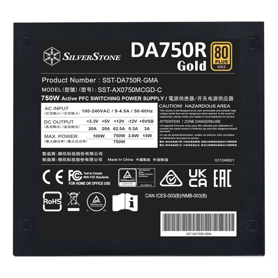 SilverStone 750W DA750R 黑色 PCIe 5.0 ATX 3.0 80Plus Gold Full Modular Power Supply (SST-DA750R-GMA)