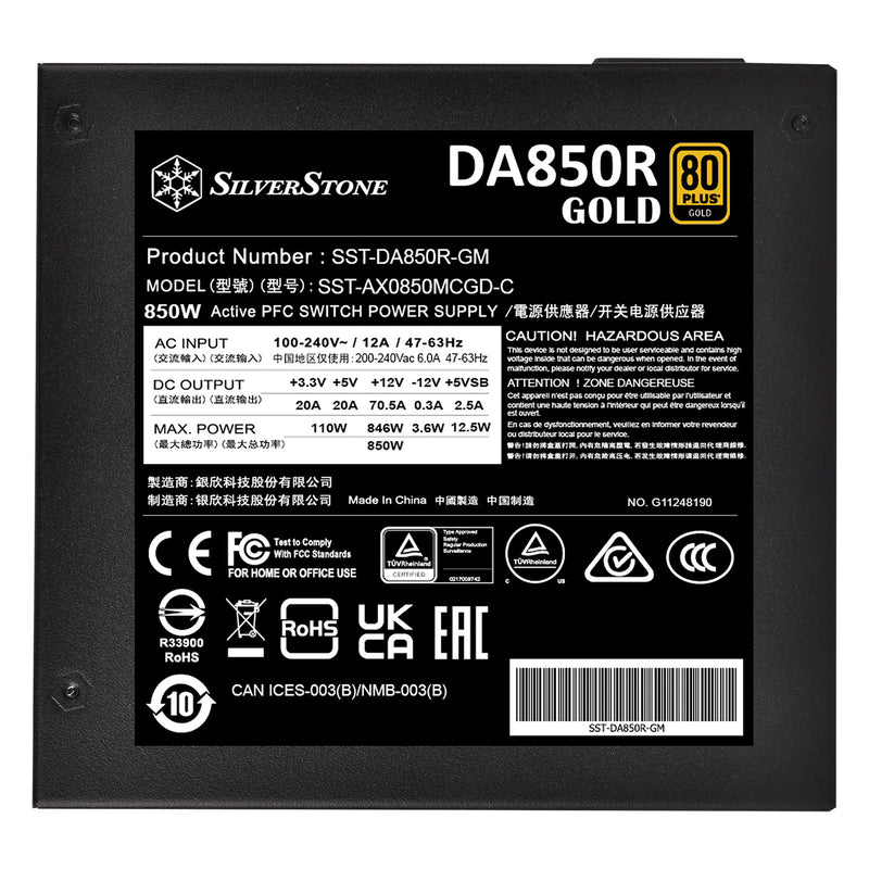 SilverStone 850W DA850R 黑色 PCIe 5.0 ATX 3.0 80Plus Gold Full Modular Power Supply (SST-DA850R-GMA)