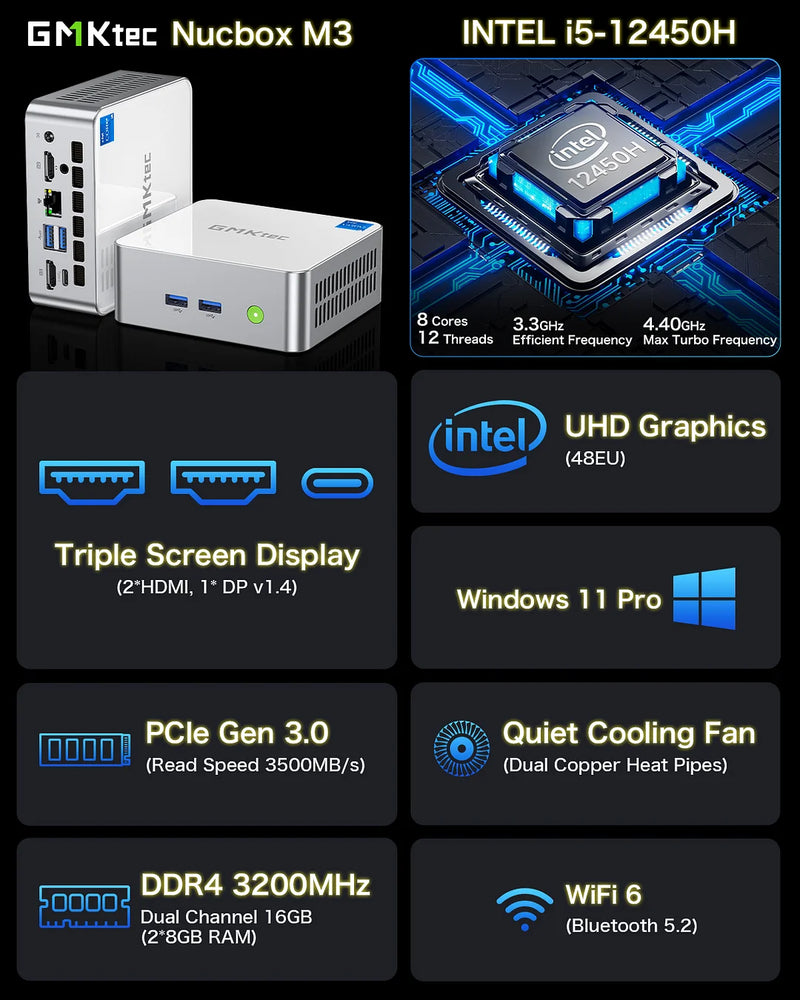 GMKTEC CS-GNBM3V Nucbox M3 Mini PC (Intel i5-12450H / 32GB DDR4 Ram / 2TB SSD / Windows 11 Pro)
