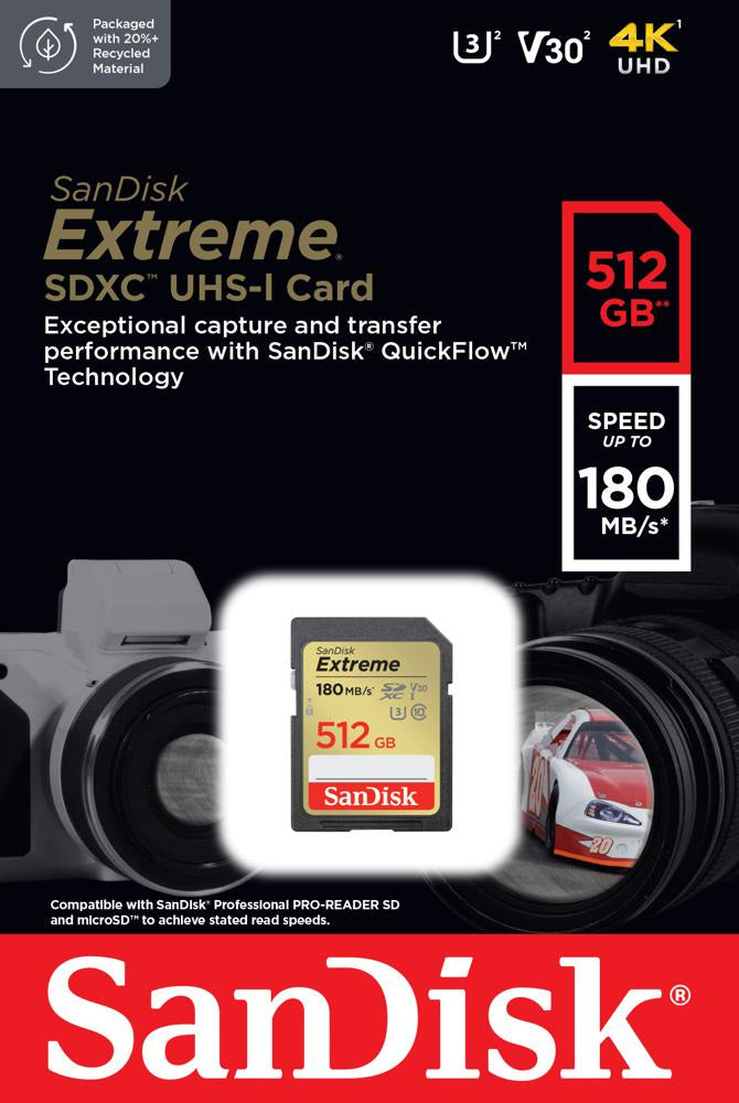 SanDisk 512GB Extreme SDXC (V30, UHS-I/U3, CL10, 180R/130W MB/s) SDSDXVV-512G-GNCIN