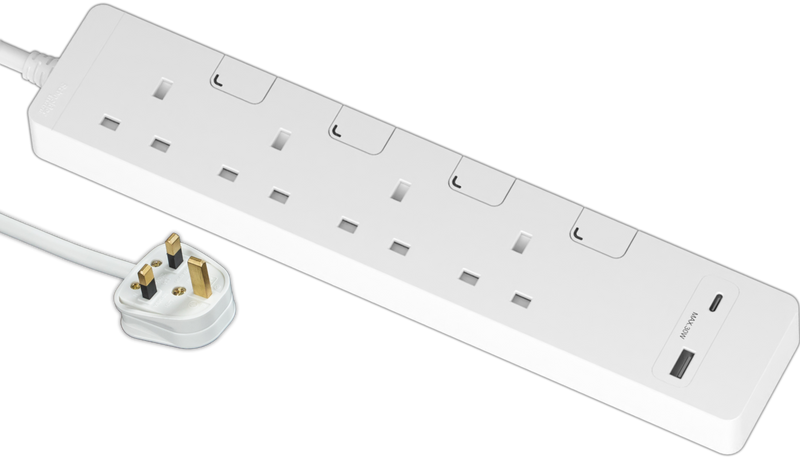 施耐德電氣 13A 四位獨立開關安全插座連兩位USB充電插座 30W PD3.0 Type A+C (連3米線), 白色 TSH34ACUSB_3_WE