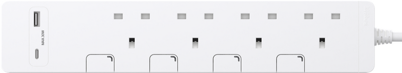 施耐德電氣 13A 四位獨立開關安全插座連兩位USB充電插座 30W PD3.0 Type A+C (連3米線), 白色 TSH34ACUSB_3_WE