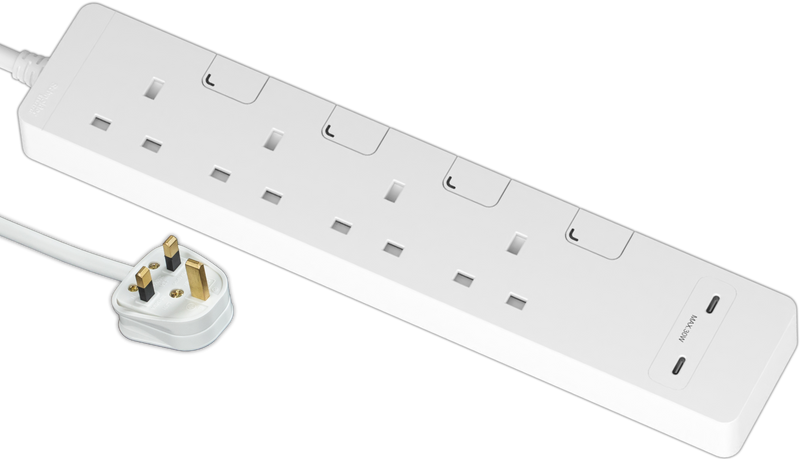 施耐德電氣 13A 四位獨立開關安全插座 連兩位USB充電插座 30W PD3.0 Type C+C (連3米線), 白色 TSH34QCUSB_3_WE