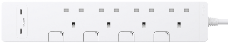 施耐德電氣 13A 四位獨立開關安全插座 連兩位USB充電插座 30W PD3.0 Type C+C (連3米線), 白色 TSH34QCUSB_3_WE